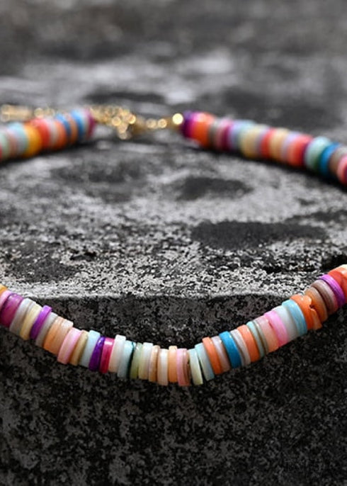Boho Necklace, Seed Bead Choker, Colorful Shell